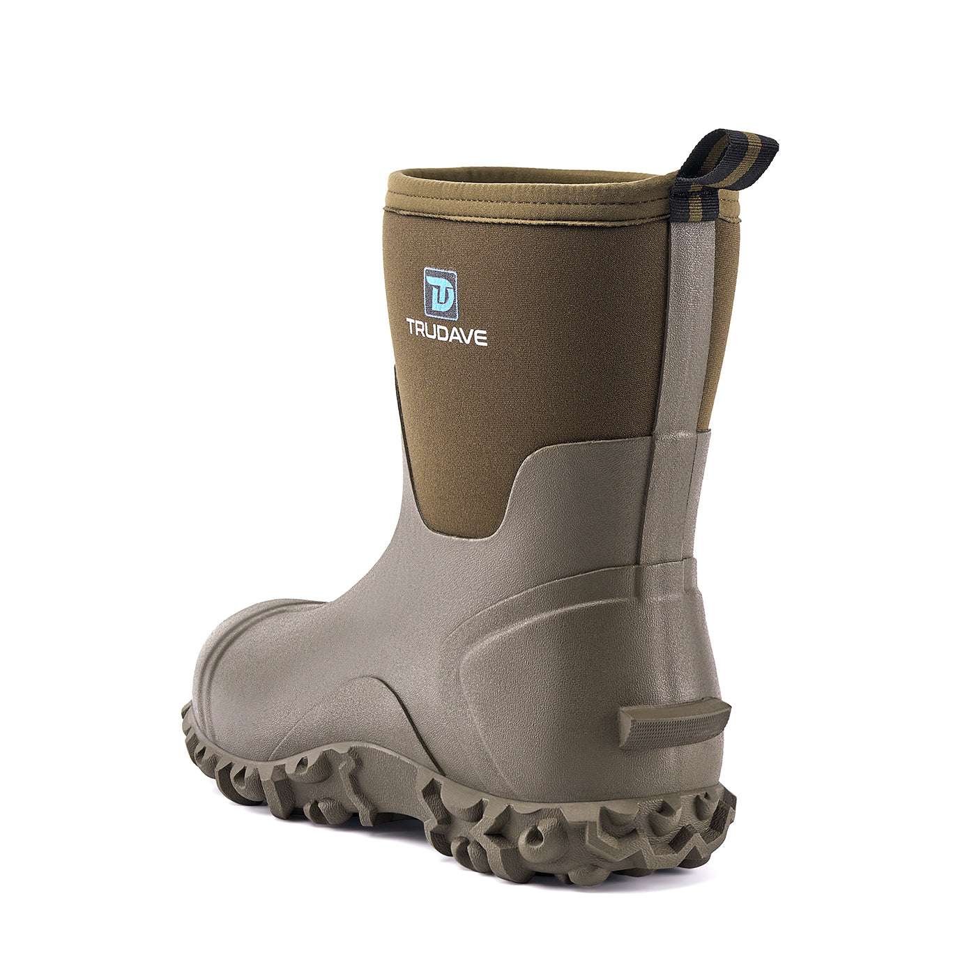 alt="Side view of Trudave AquaGrip Series men’s waterproof mid-calf rubber work boots in olive green – durable non-slip design providing traction and waterproof protection for gardening, farming, and rainy outdoor work"
